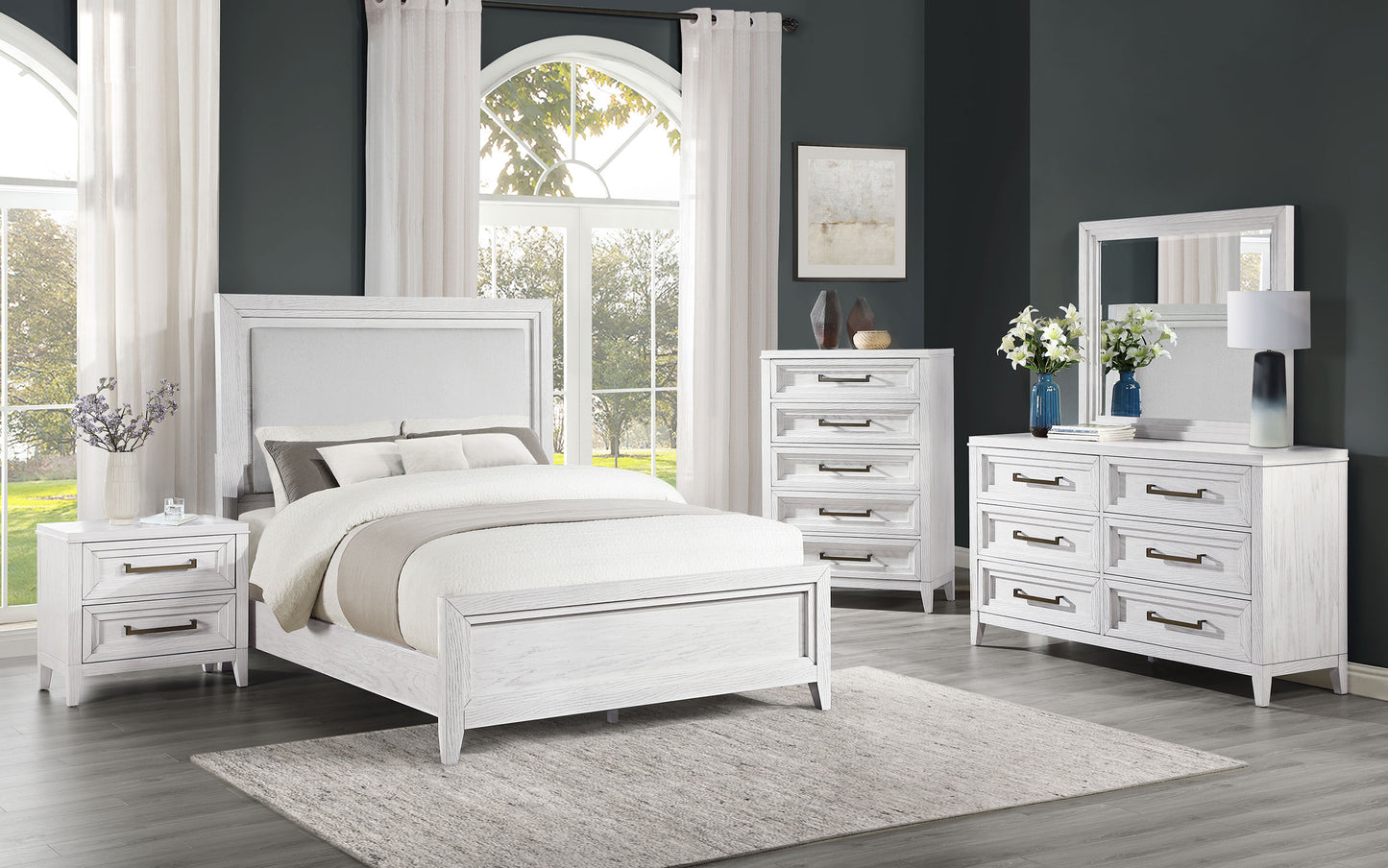 Marielle California King Panel Upholstered Bed Distressed White