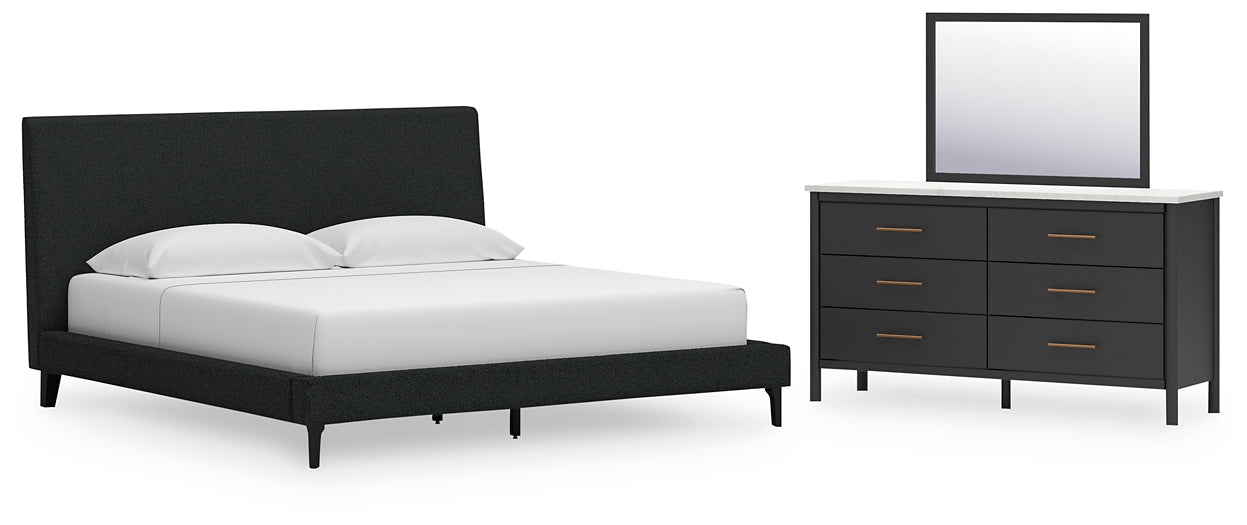 Cadmori King Upholstered Bed with Mirrored Dresser