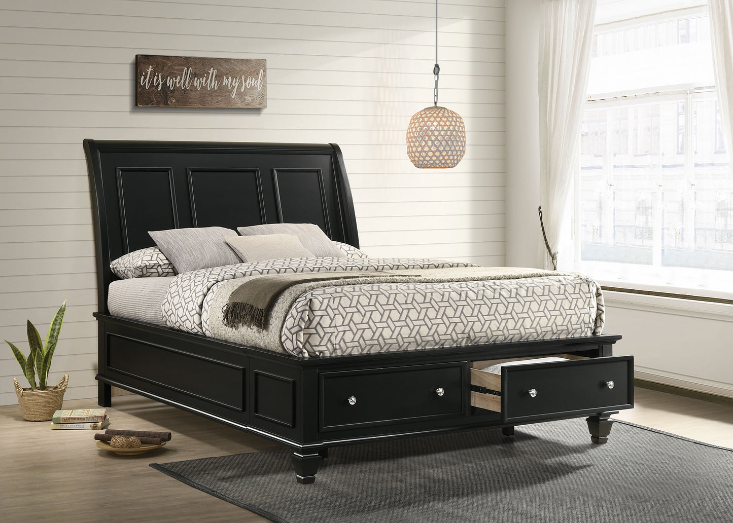 Sandy Beach Wood Eastern King Storage Panel Bed Black