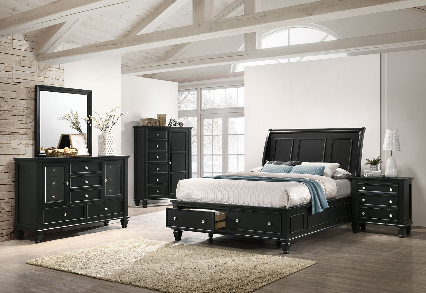 Sandy Beach Wood Eastern King Storage Panel Bed Black