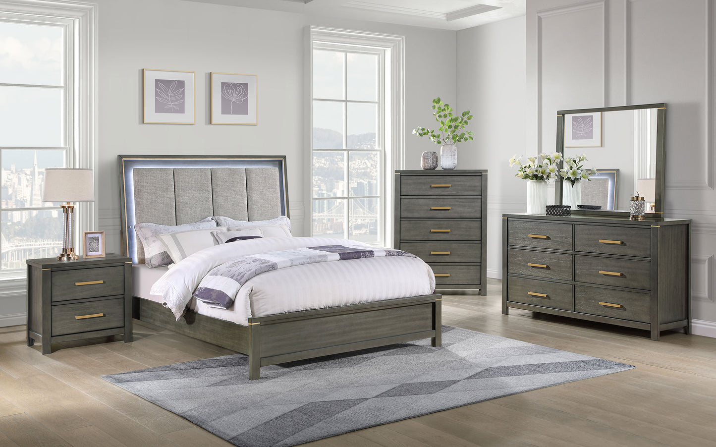 Kieran Wood Queen LED Panel Bed Grey